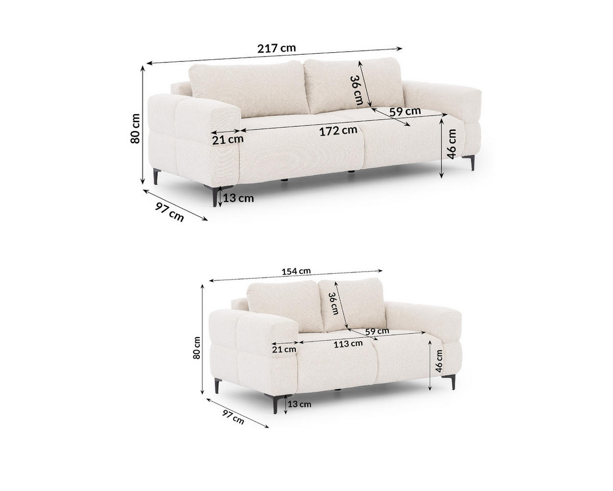 SITZGARNITUR 3+2 Cardea in Bubble-Optik aus weichem Creme Strukturstoff mit hohem Sitzkomfort - Creme/Schwarz, Holz/Textil (217/80/97cm) - S-Style Möbel