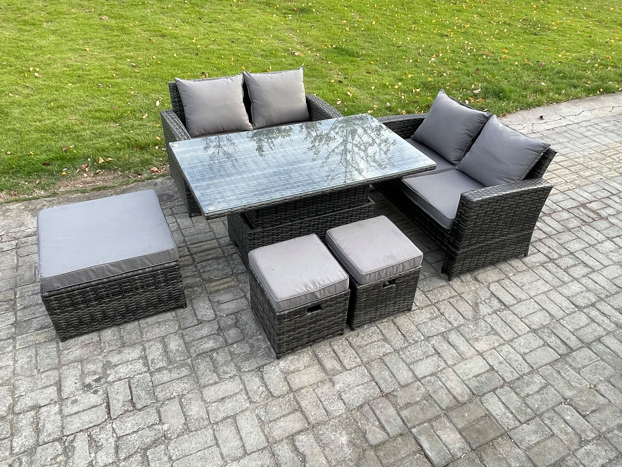 GARTENSET Polyrattan Dunkelgrau 7-Sitzer - Dunkelgrau, Metall - Fimous