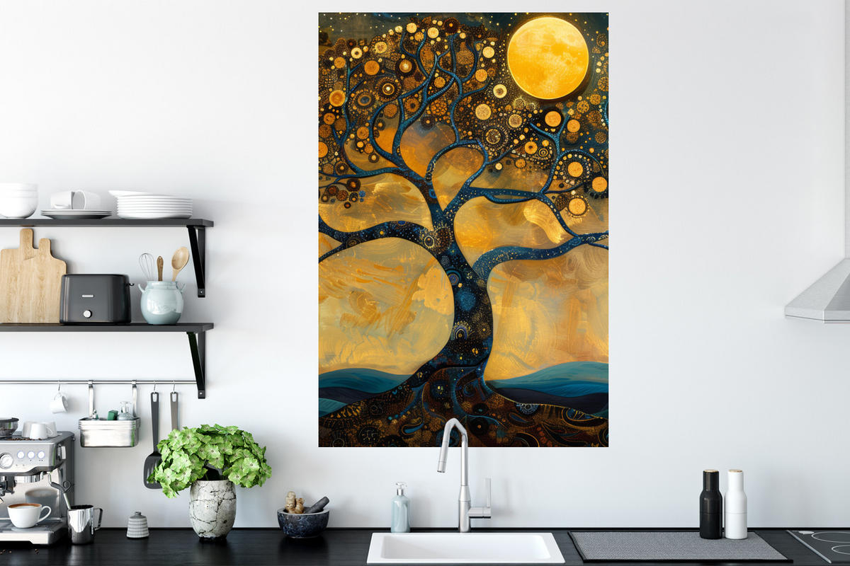 WANDTATTOO Baum - Mond - Blumen - Gold - Kunst 80x120 cm - Orange, Kunststoff (80/120/0.1cm) - MuchoWow