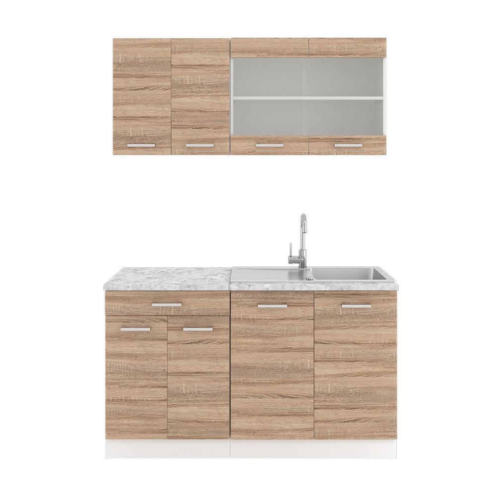 SINGLEKÜCHE R-Line Sonoma 140 cm, AP Marmor - Weiß/Sonoma Eiche, Holzwerkstoff (140/81.6/60cm) - Vicco