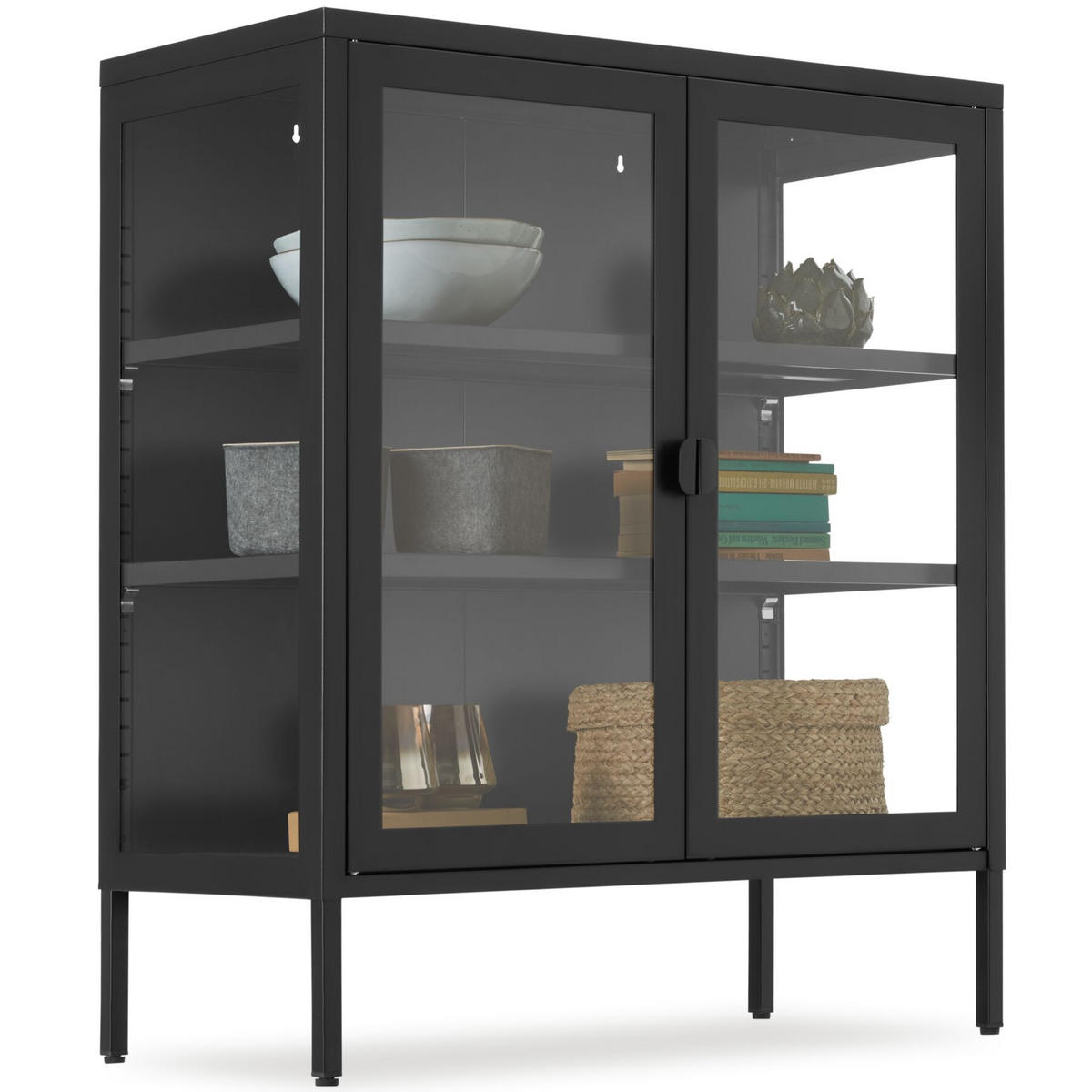 METALLVITRINE Baker, Kippschutz, höhenverstellbare Füße, schwarz - Schwarz, Metall (80/90.5/37cm) - tectake