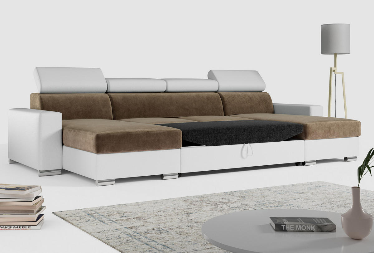 WOHNLANDSCHAFT FOX U Braun/Weiß - Velvet/Kunstleder - Silberfarben/Braun, Kunststoff/Textil (306/98/168cm) - MKS