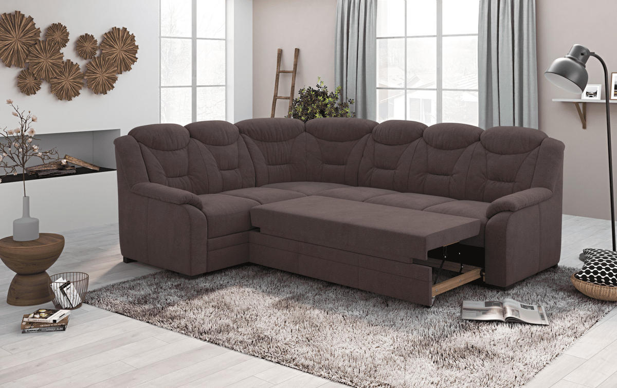 ECKSOFA mit Schlaffunktion und Bettkasten – weiches Chenille-Gewebe - Rotbraun/Dunkelbraun, Holz/Kunststoff (263/211cm) - Cotta