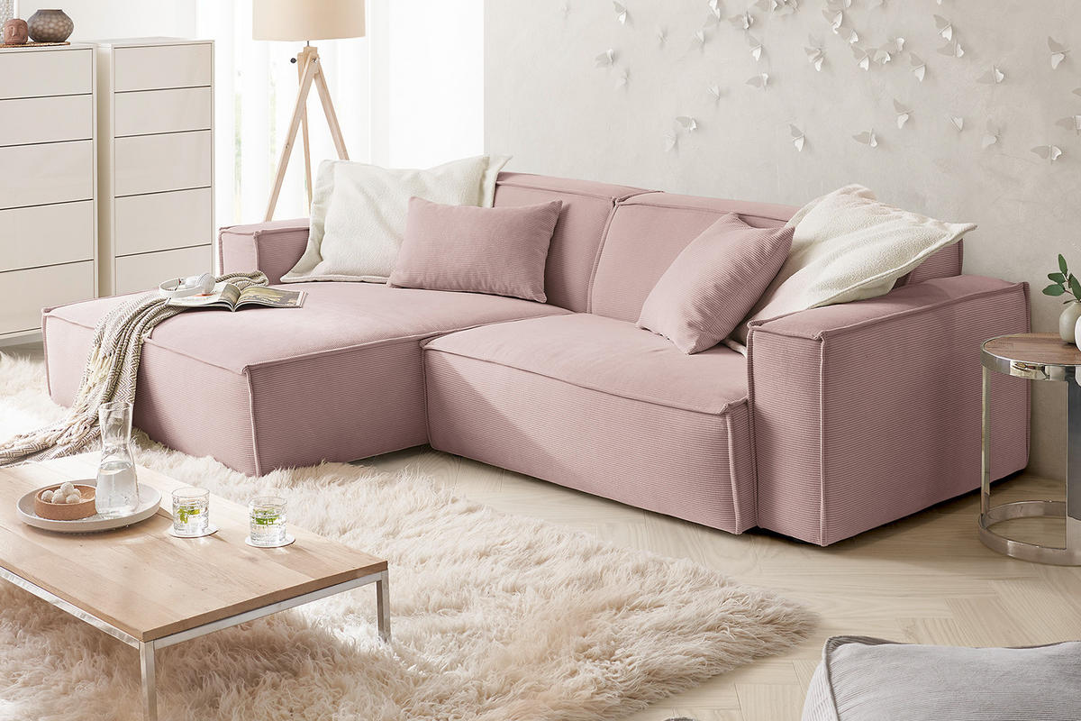 ECKSOFA SAMU Pink Cord - Pink/Schwarz, Textil (276/168cm) - KAWOLA