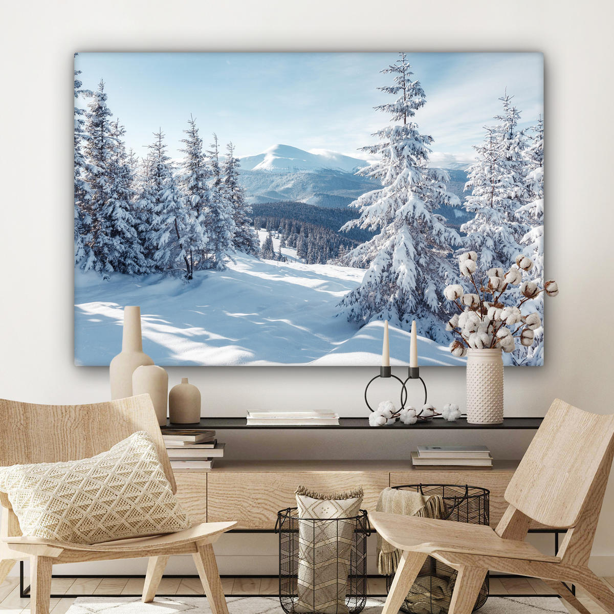 LEINWANDBILD Winterlandschaft - Natur - Berge - Bäume - Schnee Wohnzimmer Groß 120x80 cm - Hellblau, Textil (120/80cm) - MuchoWow