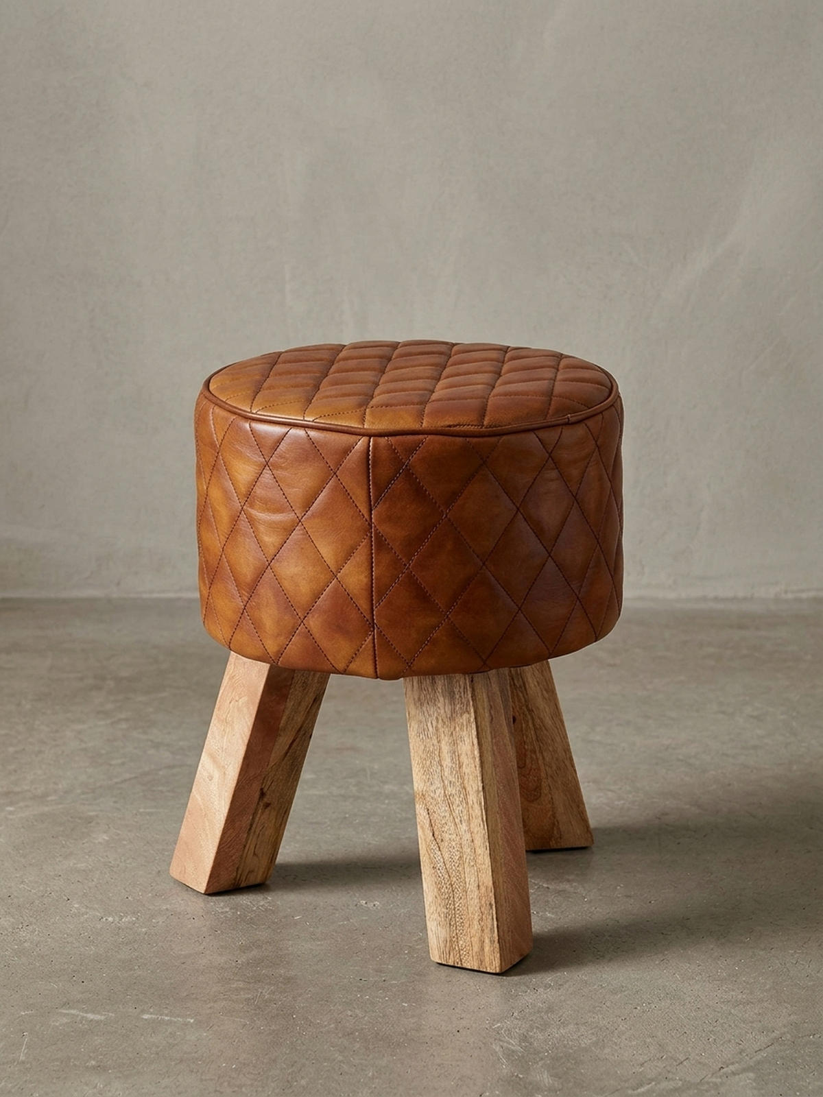 SITZHOCKER – Holz/Leder, 46 cm, Rautenmuster, Braun - Braun, Mangoholz/Leder (35/46/35cm) - KADIMA DESIGN