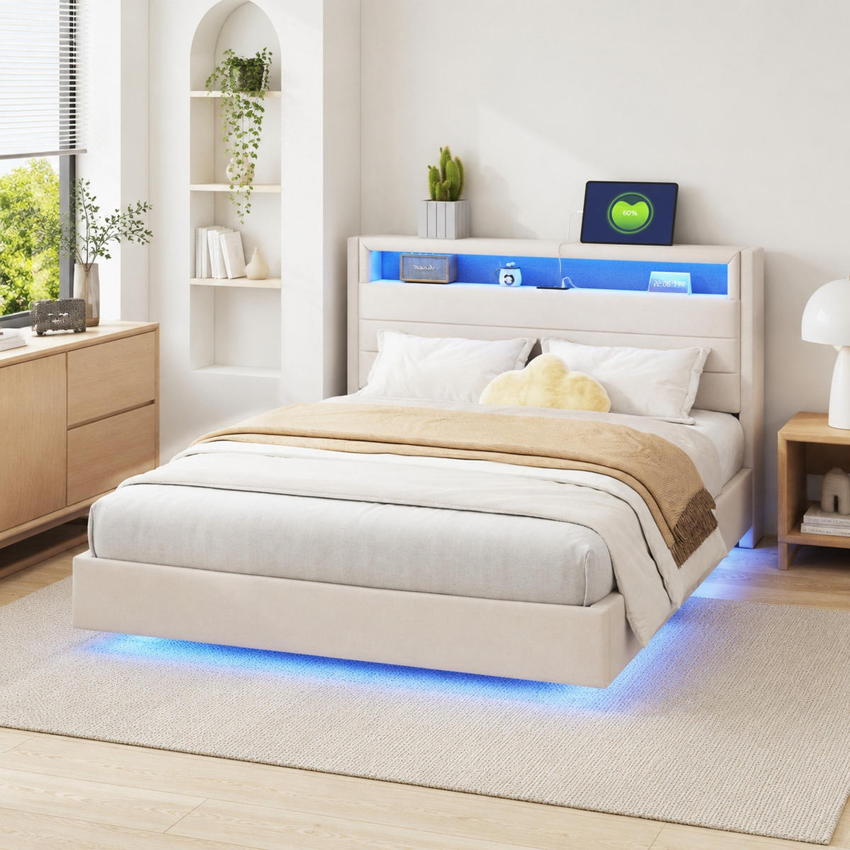 POLSTERBETT 140/200 mit USB-Steckdose, LED-Beleuchtung und Stauraum im Kopfteil in Beige - Beige, Holzwerkstoff/Textil (140/200cm) - EVRYAE