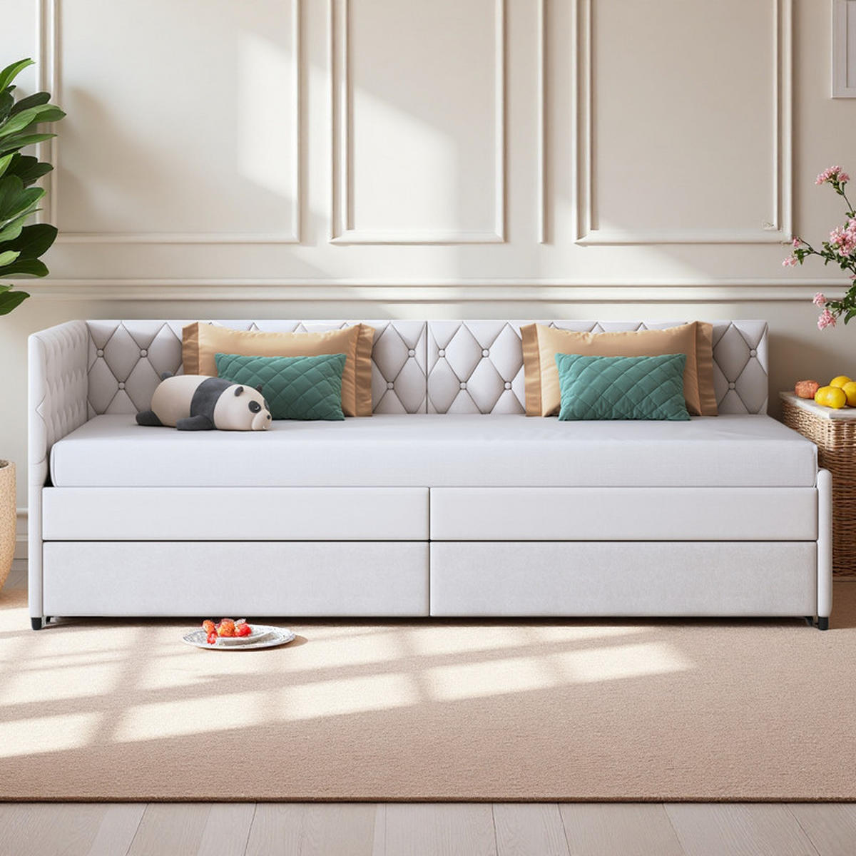 SCHLAFSOFA 90x200 cm, Samt Beige, Einzelbett ausziehbar, mit Lattenrost, ohne Matratze - Beige, Holz (90/200cm) - WoodenAura