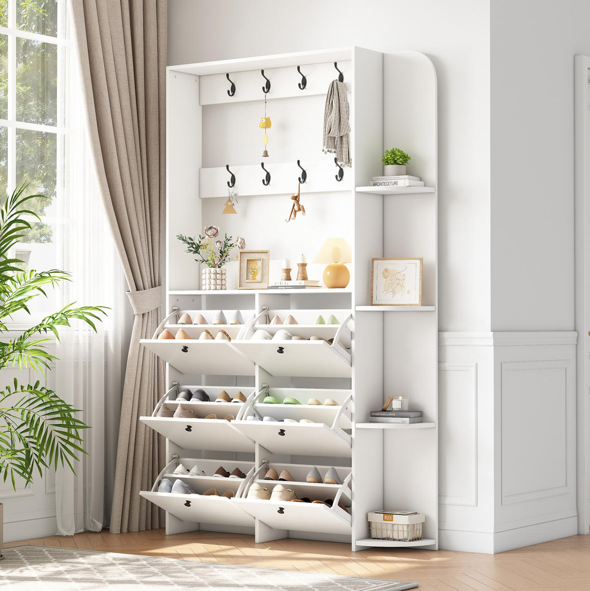 GARDEROBENSCHRANK mit Schuhaufbewahrung 120 x 24 x 200 cm Weiß 6 Klapptüren - Weiß, Holzwerkstoff (24/200/120cm) - Beauniv