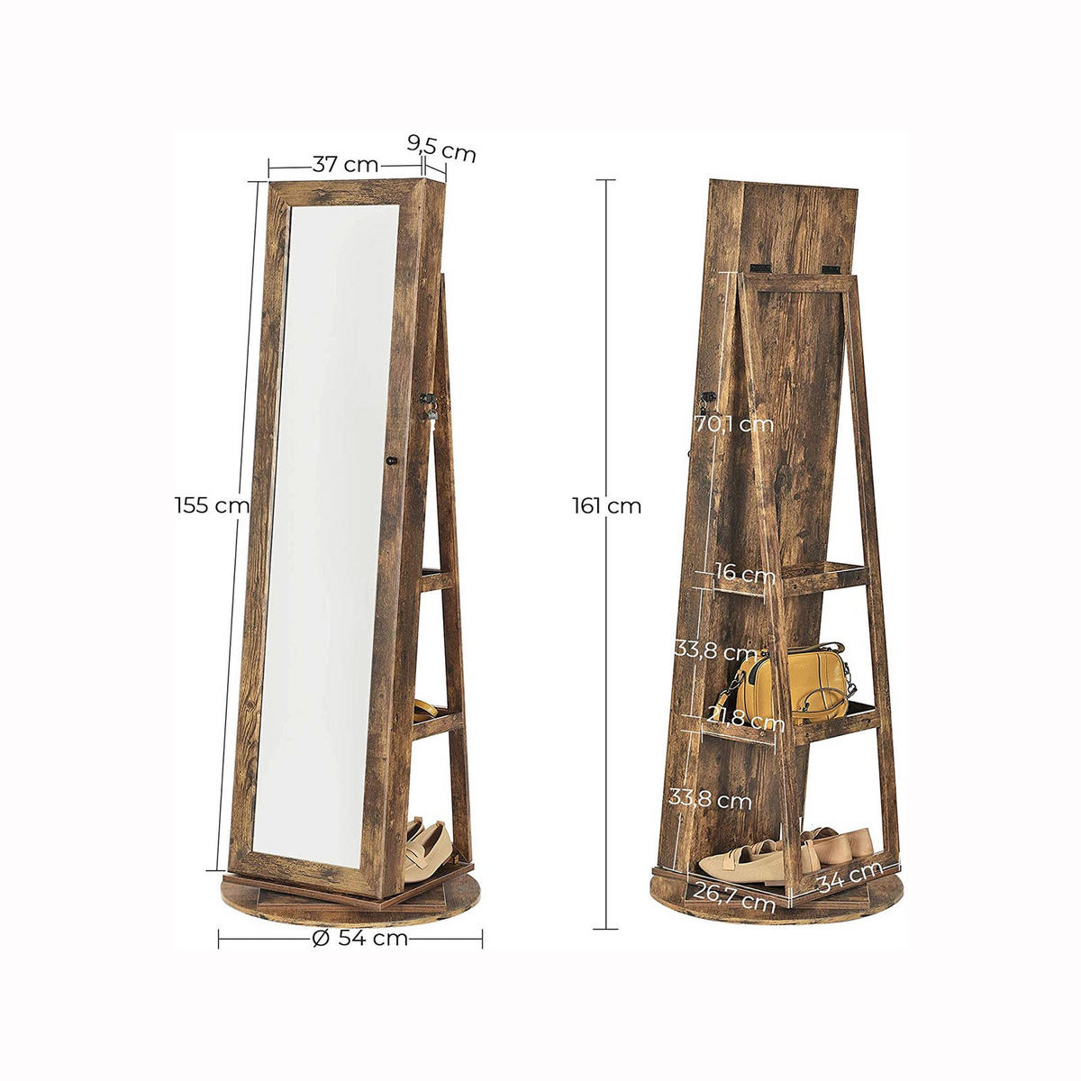 SCHMUCKSCHRANK GANZKÖRPERSPIEGEL - Braun, Holzwerkstoff (9.5/37cm) - Hansiro