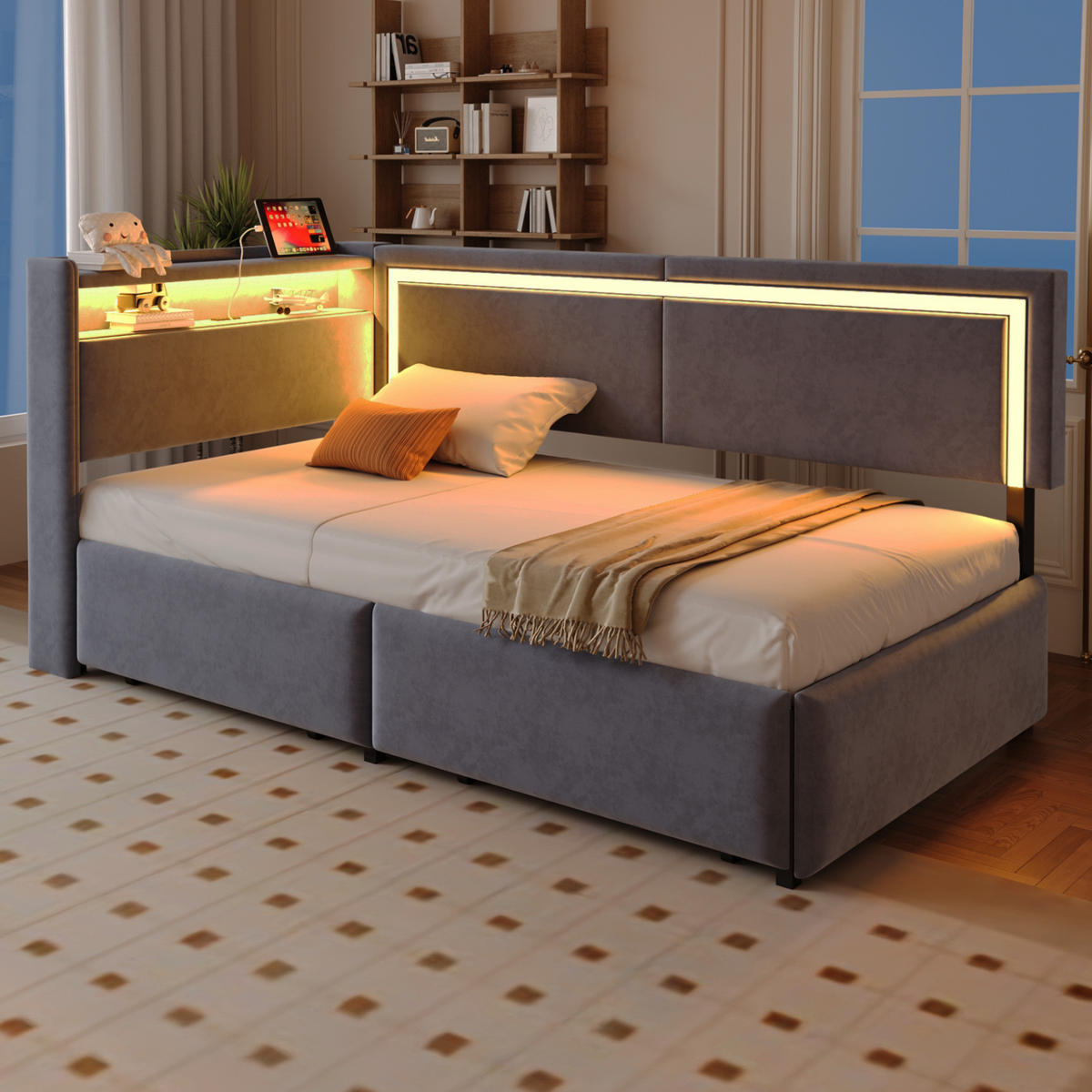 POLSTERBETT 90/200 cm aus Samt mit LED-Beleuchtung und USB-Anschlüssen Dunkelgrau - Dunkelgrau, Textil (90/200cm) - Modenvie