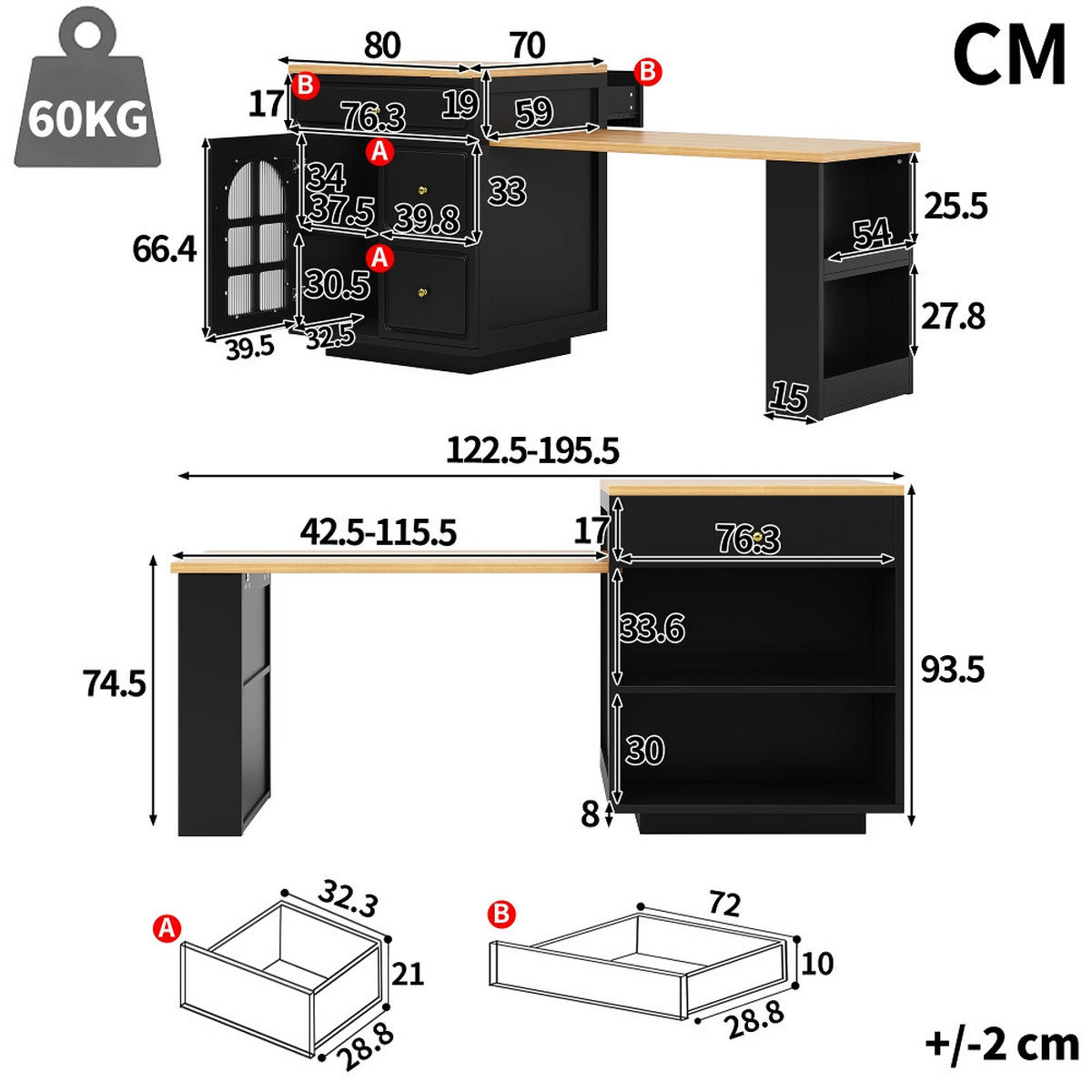 KÜCHENINSEL AUSZIEHBAR, mit Schubladen und Glasvitrine, Holzmaserung Schwarz, Esszimmer Bartresen, 122,5-195,5/59/93,5 cm - Schwarz, Kunststoff (59/93.5/122.5cm) - Rolipo