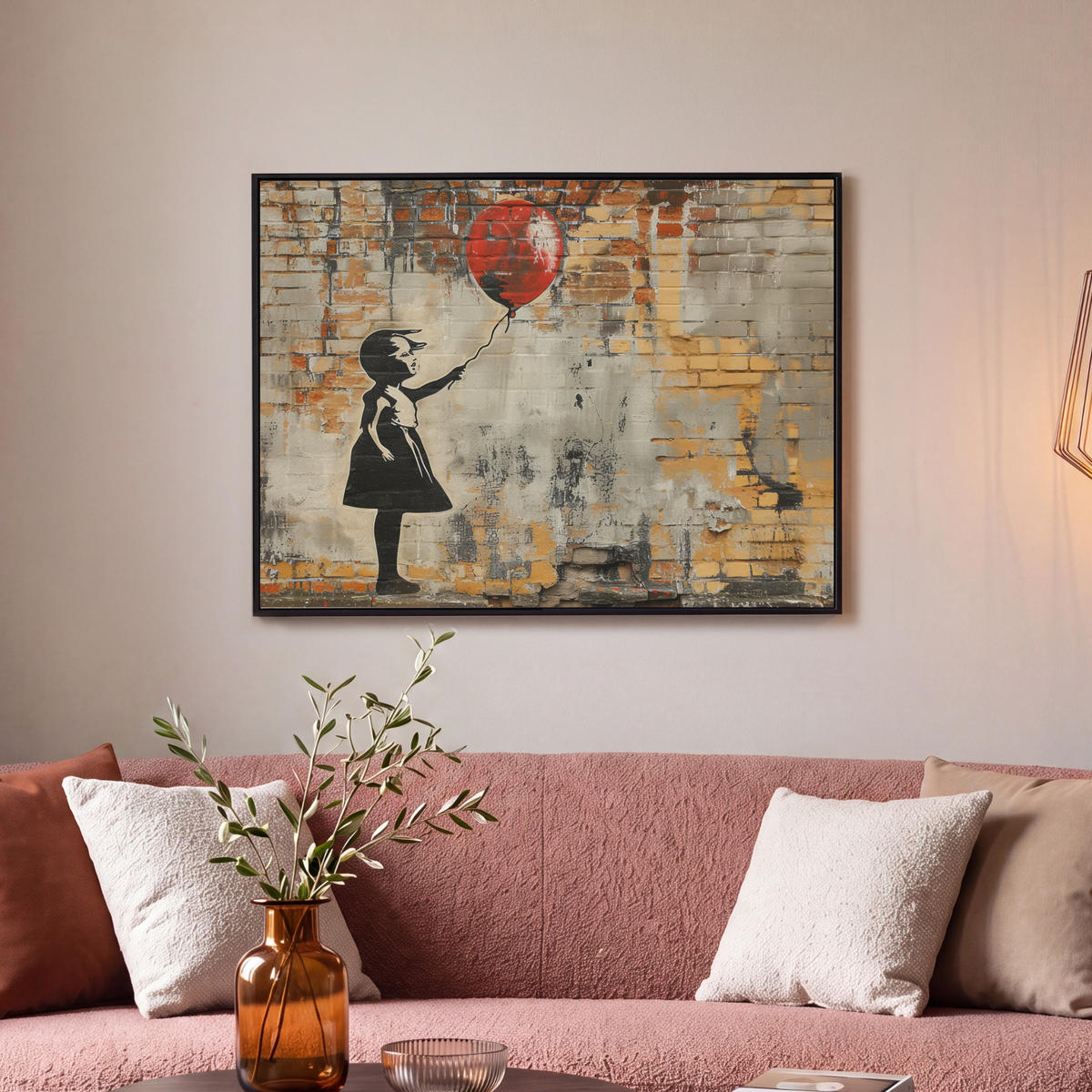 LEINWAND Bilder mit Rahmen - Graffiti - Banksy - Mädchen - Straßenkunst - 70x50 - Sandfarben, Textil (70/50cm) - MuchoWow