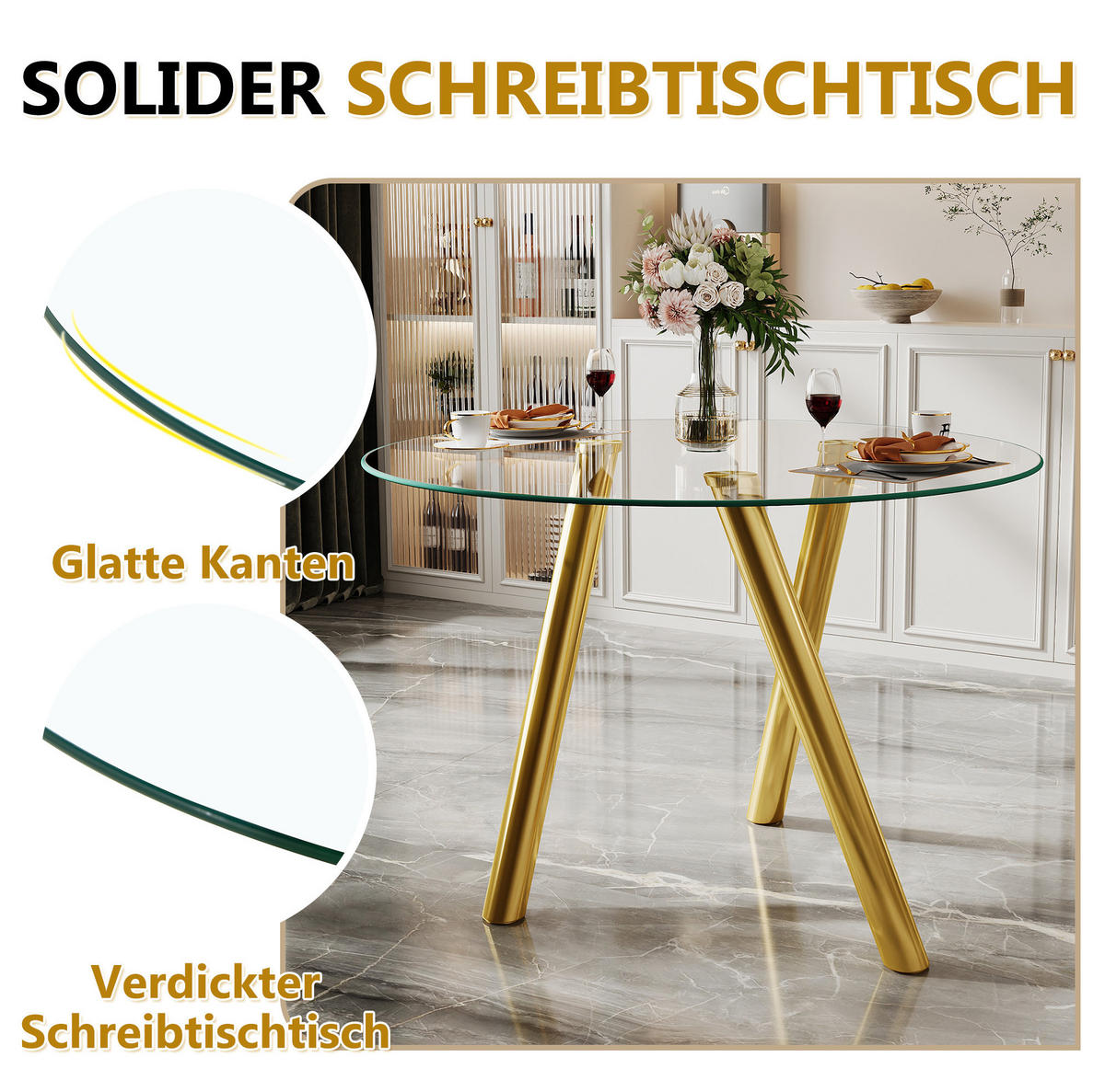 ESSTISCH rund aus Glas mit Metallgestell Gold - Goldfarben, Metall (89/89/76cm) - Meubliv