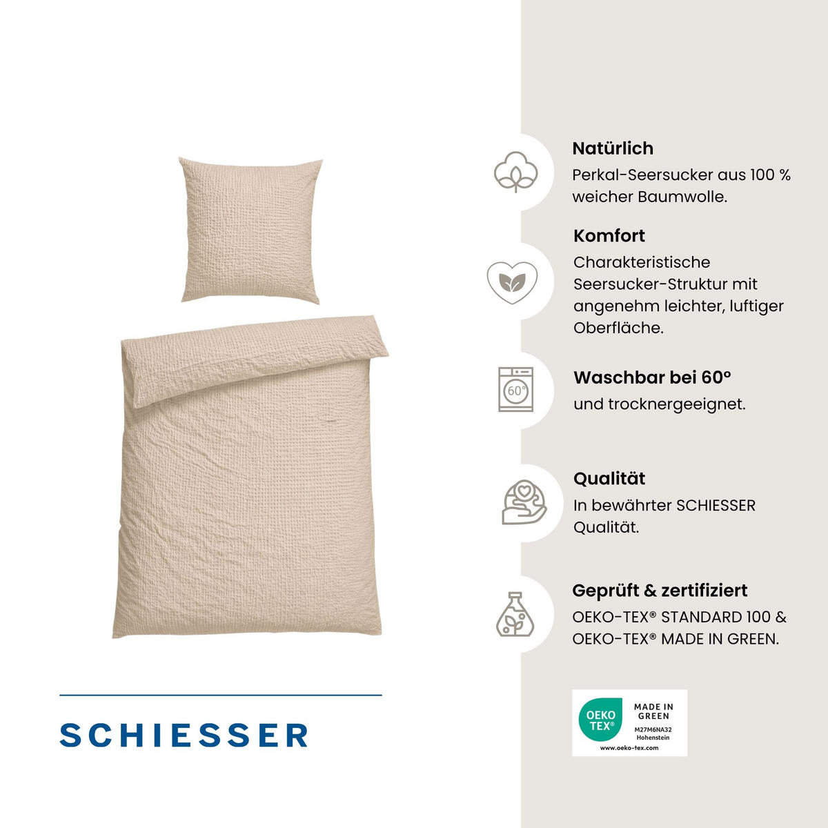 BETTWÄSCHESET Laura - Baumwoll Seersucker - 2-teilig - 135x200 cm - Helltaupe - Taupe, Textil (135/200cm) - SCHIESSER