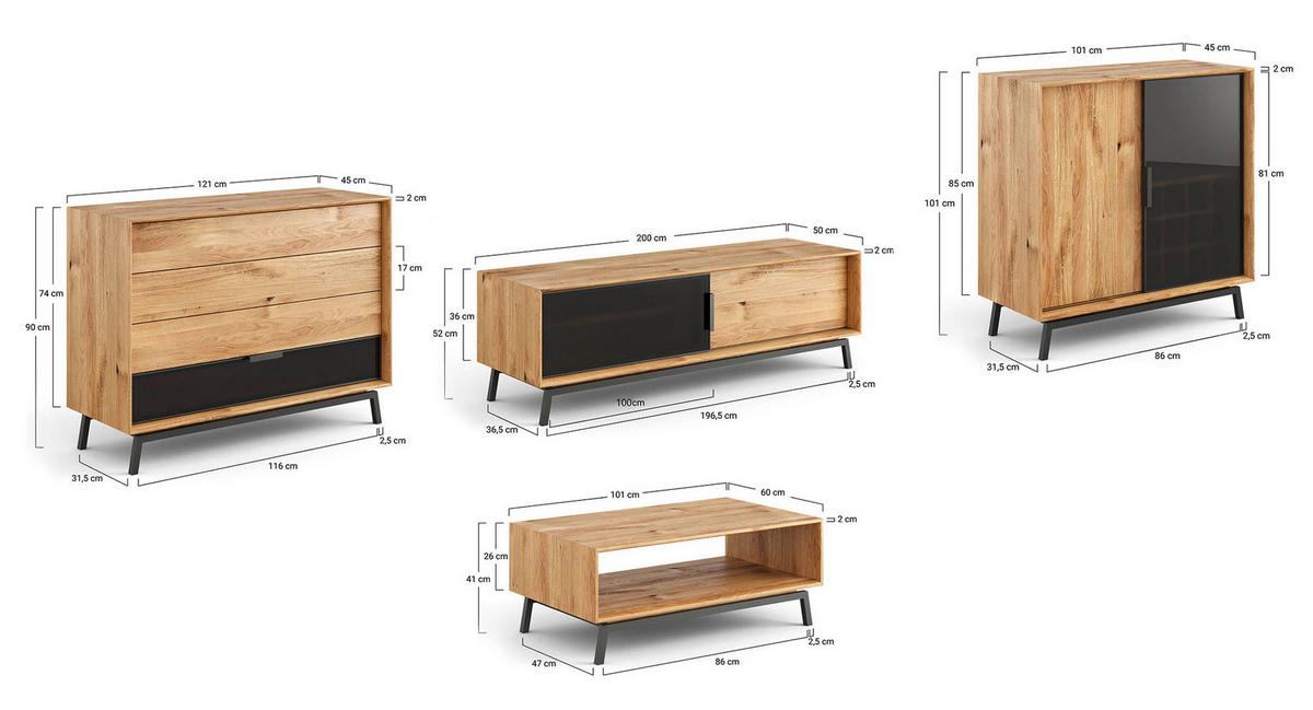 WOHNWAND 4er-Set Modern Loft Eiche Natur 523 / 60 / 101cm - Eichefarben/Schwarz, Holz/Metall (523/101/60cm) - Feldmann-Wohnen