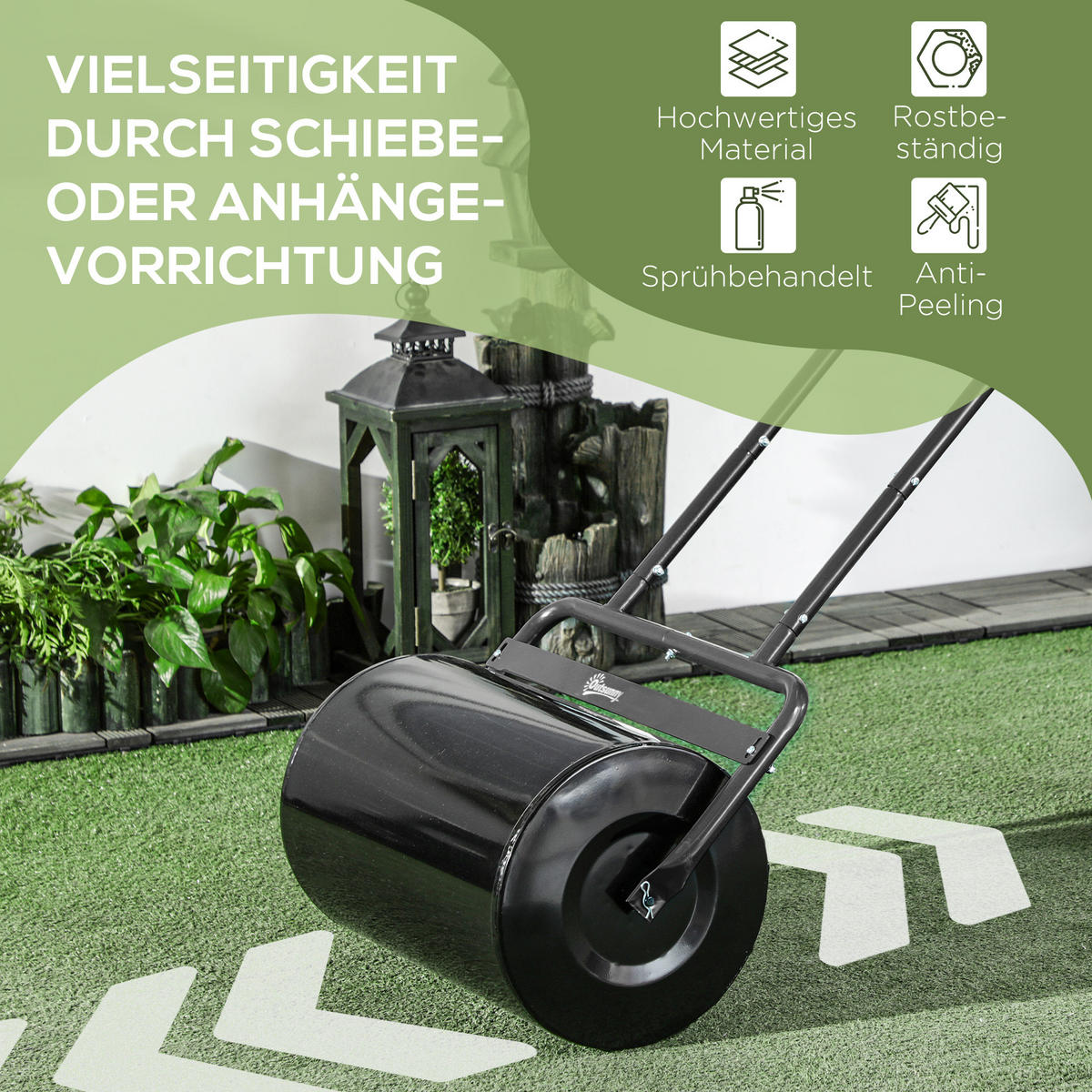 RASENWALZE mit U-Griff, Gartenrolle, Gartenwalze, 32 cm Durchmesser, Metall, Schwarz - Schwarz, Metall (32.5/113/58cm) - Outsunny