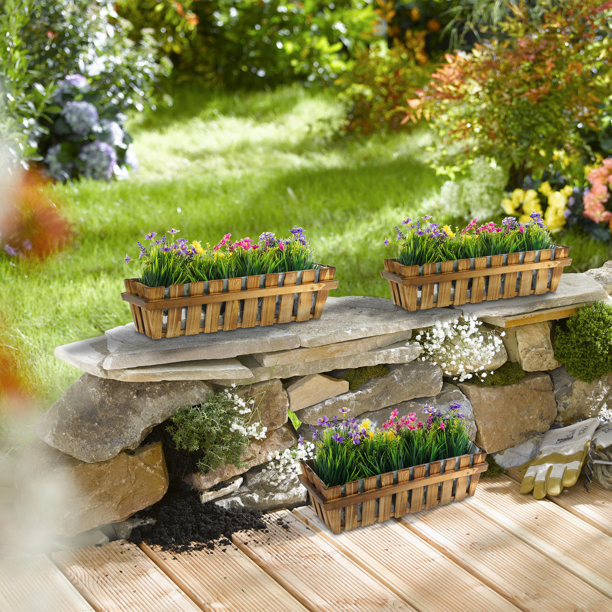 3XBLUMENKASTEN - Braun, Holz/Kunststoff (45/12/19.5cm) - Relaxdays