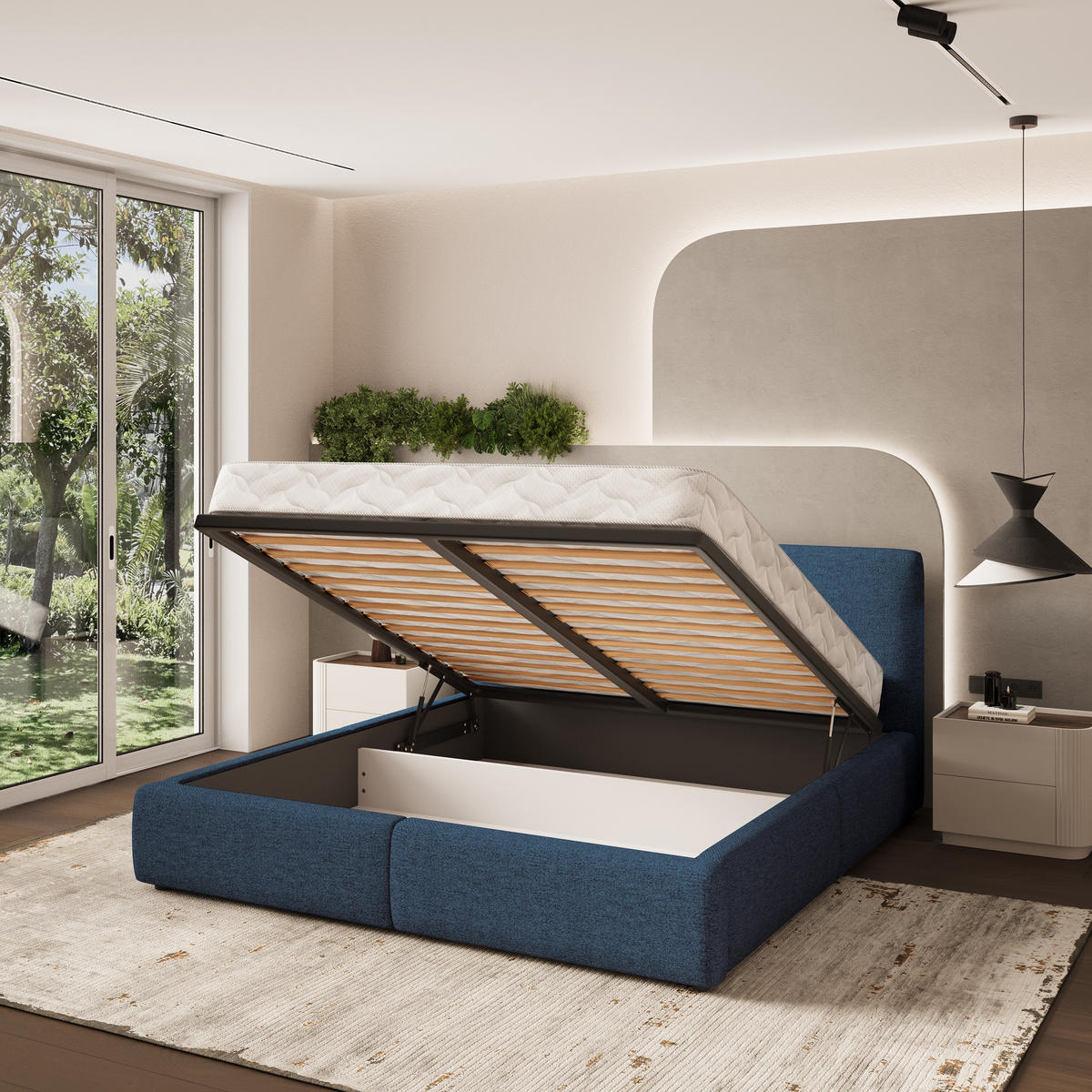 POLSTERBETT FELURO 160x200 cm mit Bettkästen - Blau - Blau, Holz (160/200cm) - MASSENO