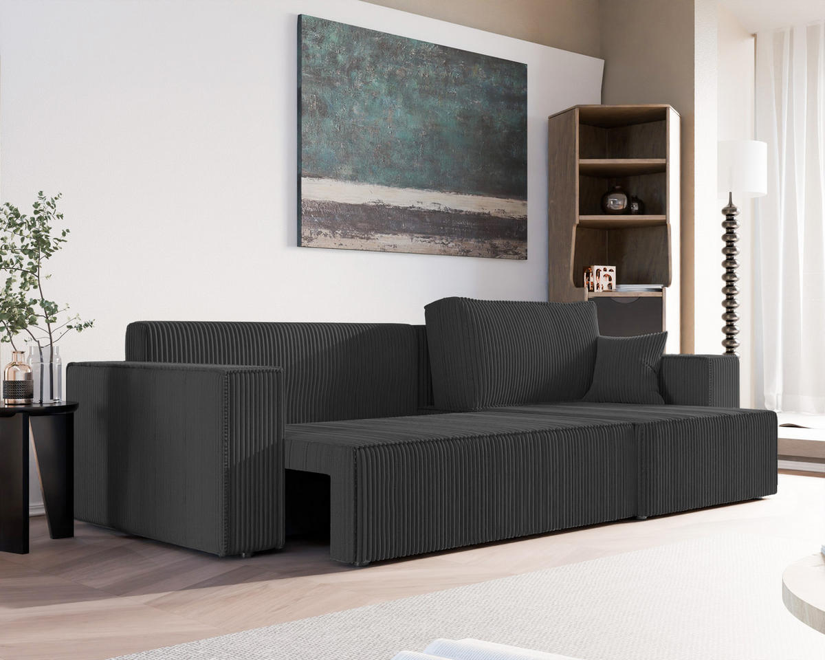 ECKSOFA mit Schlaffunktion und Bettkasten, Schwarz - Schwarz, Holzwerkstoff/Textil (145/276cm) - Idohome