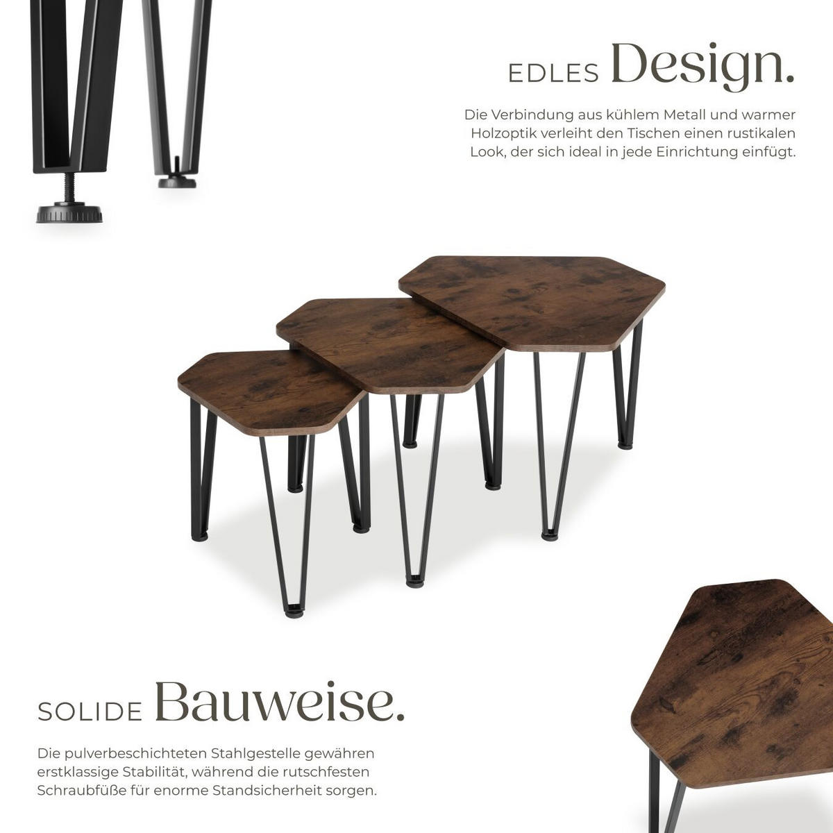 BEISTELLTISCH-SET Torquay,stapelbar,Industrial Holz dunkel, rustikal - Rostfarben, Holzwerkstoff (58.7/52/45.5cm) - tectake