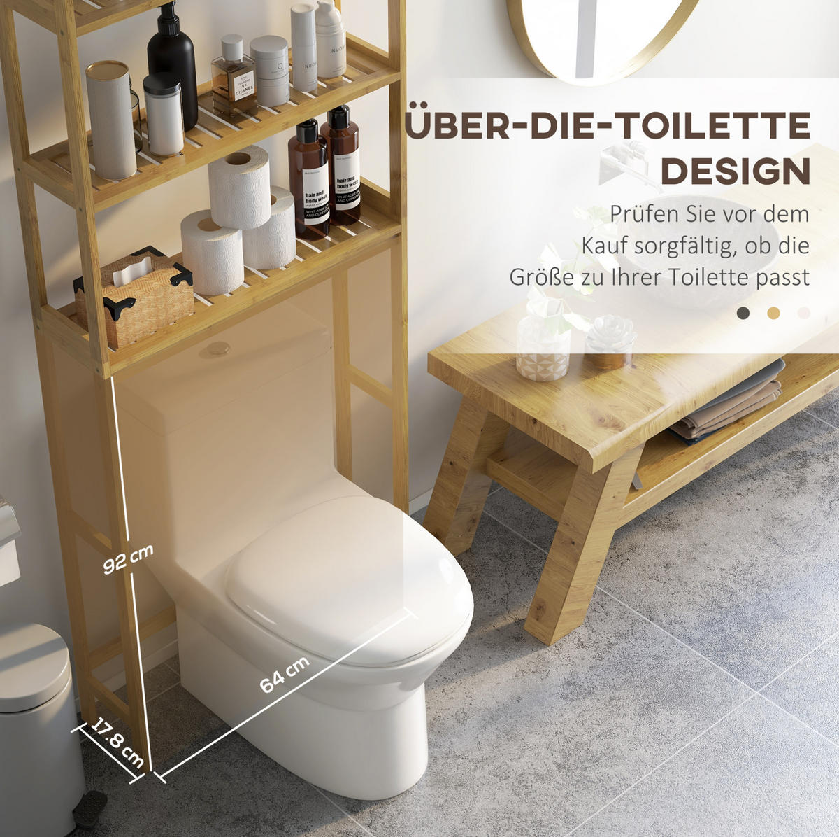 BADEZIMMERREGAL 68x20x165 cm Natur aus Bambus mit 3 Fächern & Kippschutz - Naturfarben, Naturmaterialien (68/165/20cm) - Modfu