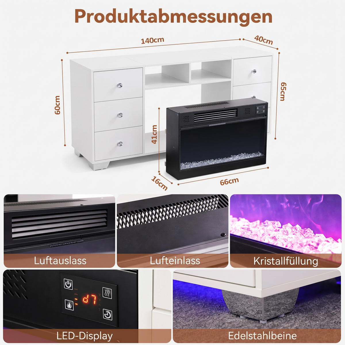 ELEKTROKAMIN mit Schrank 1200W weiβ 140/40/60CM - Weiß/Grau, Glas/Holz (140/60/40cm) - VANITII