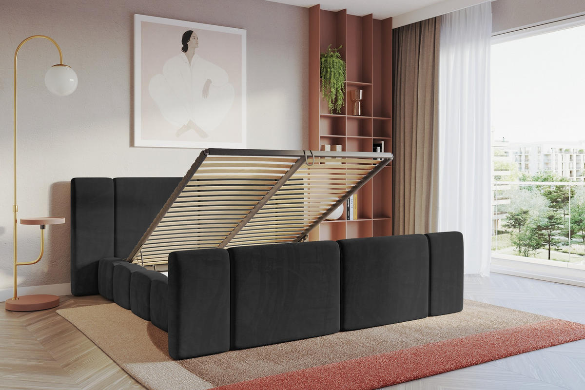 POLSTERBETT mit Bettkasten, Fußteil und Lattenrost, Bett mit Matratze H3/H4 - NILO-Z 200x200 Schwarz - Schwarz, Holzwerkstoff/Textil (200/200cm) - ALTDECOR