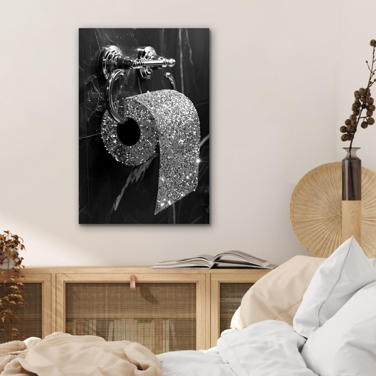 METALLBILD WC - Toilettenpapier - Schwarz und weiß - Glitter 40x60 cm - Silberfarben, Metall (40/60cm) - MuchoWow