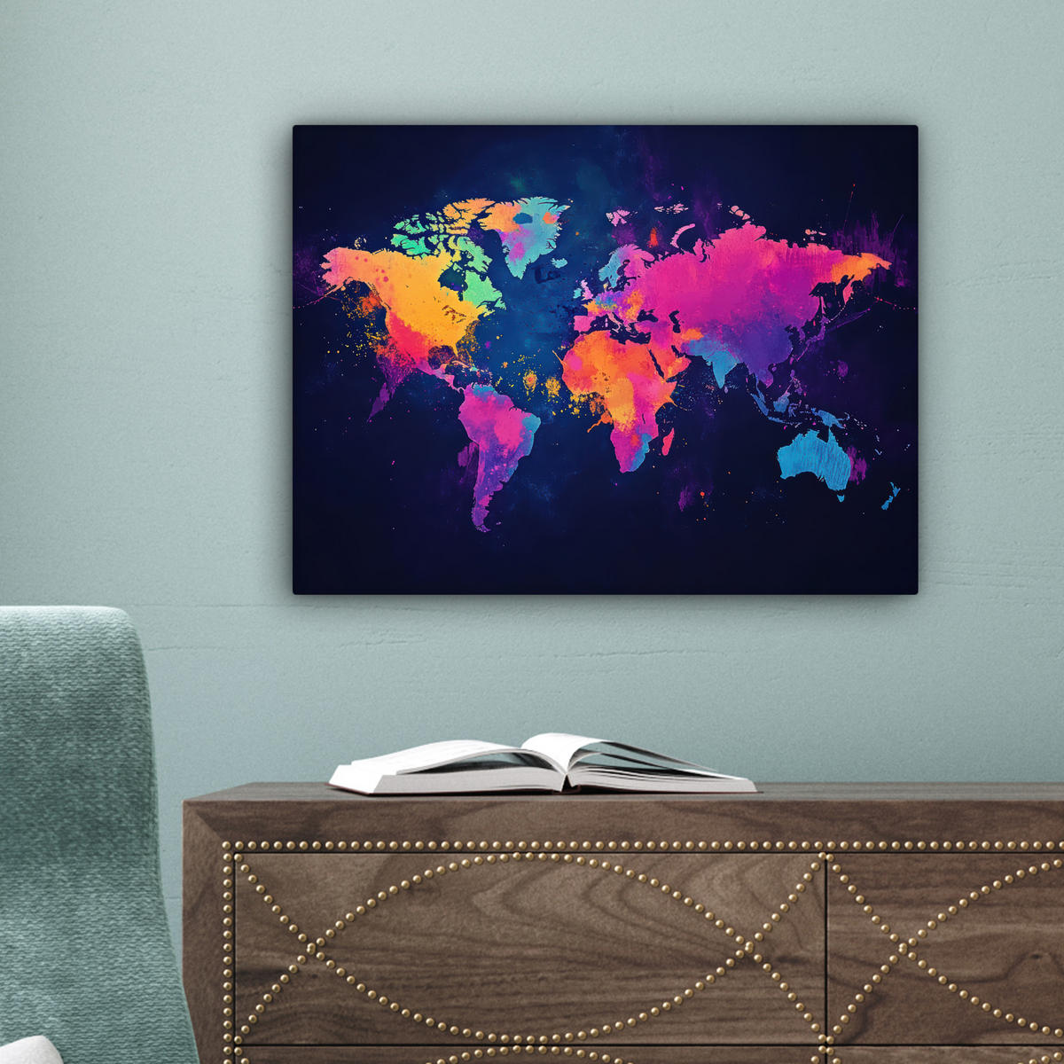 LEINWANDBILD Weltkarte - Bunt - Graffiti 40x30 cm - Multicolor, Textil (40/30cm) - MuchoWow