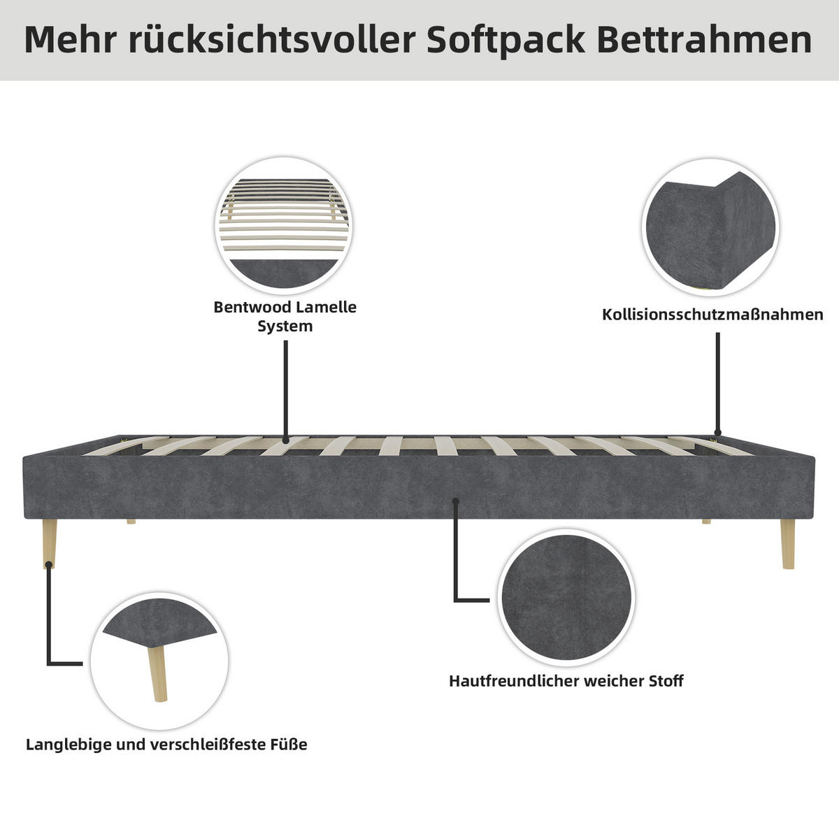 POLSTERBETT 90x200 cm niedrig ohne Stauraum grau - Grau, Textil (90/200cm) - LEBENLANG