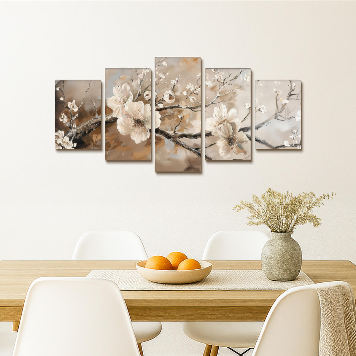LEINWANDBILD 5er Set Blüte - Beige - Abstrakt - Blumen 100x50 cm - Hellbraun, Textil (100/50cm) - MuchoWow