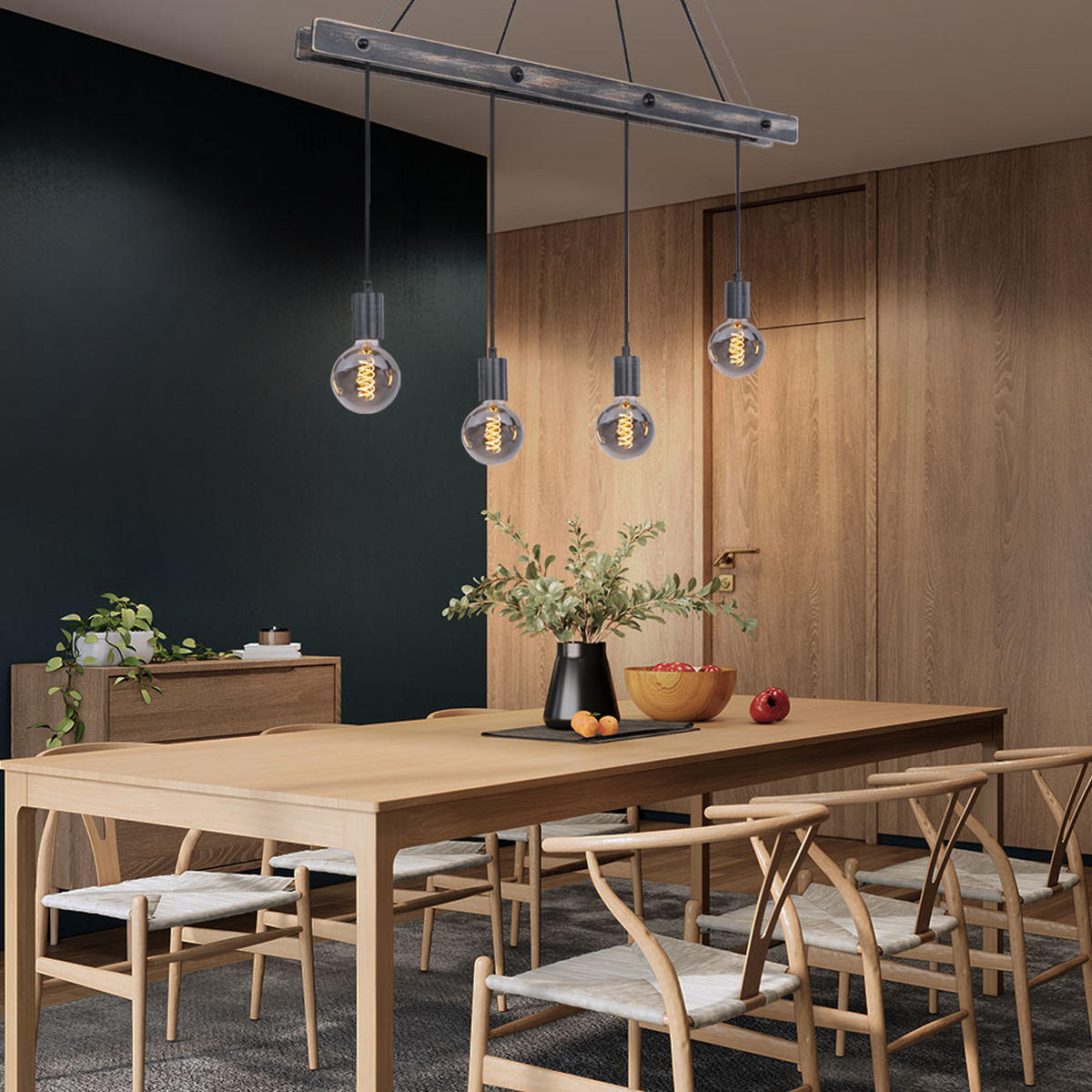 HÄNGELEUCHTE Metall Holz Schwarz matt - Schwarz, Holz (90/9/120cm) - Globo Lighting