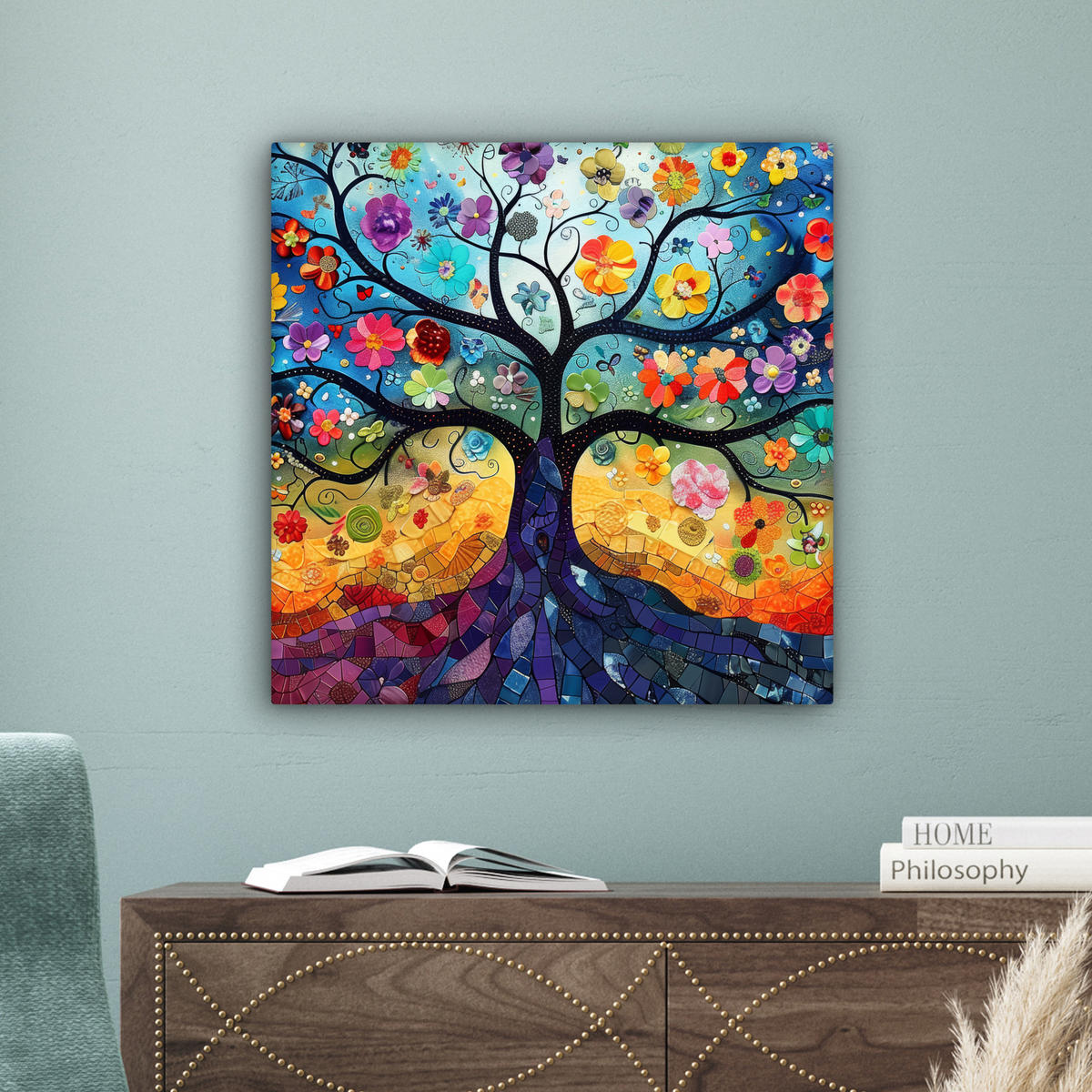 LEINWANDBILD Kunst - Baum des Lebens - Blumen - Hippie Wandbild Wohnzimmer 50x50 cm - Dunkelblau, Textil (50/50cm) - MuchoWow