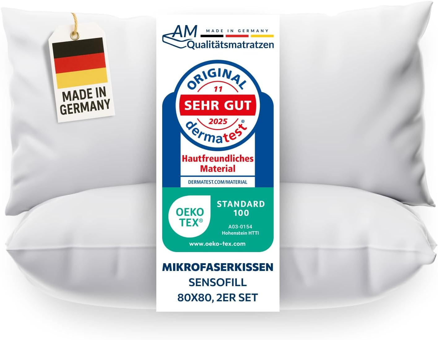 AM Qualitätsmatratzen Premium Mikrofaser Kopfkissen 2er Set mit Sensofill Füllung Made in Germany 80x80cm - Weiß, Textil (80/80cm) - AM Qualitätsmatratzen