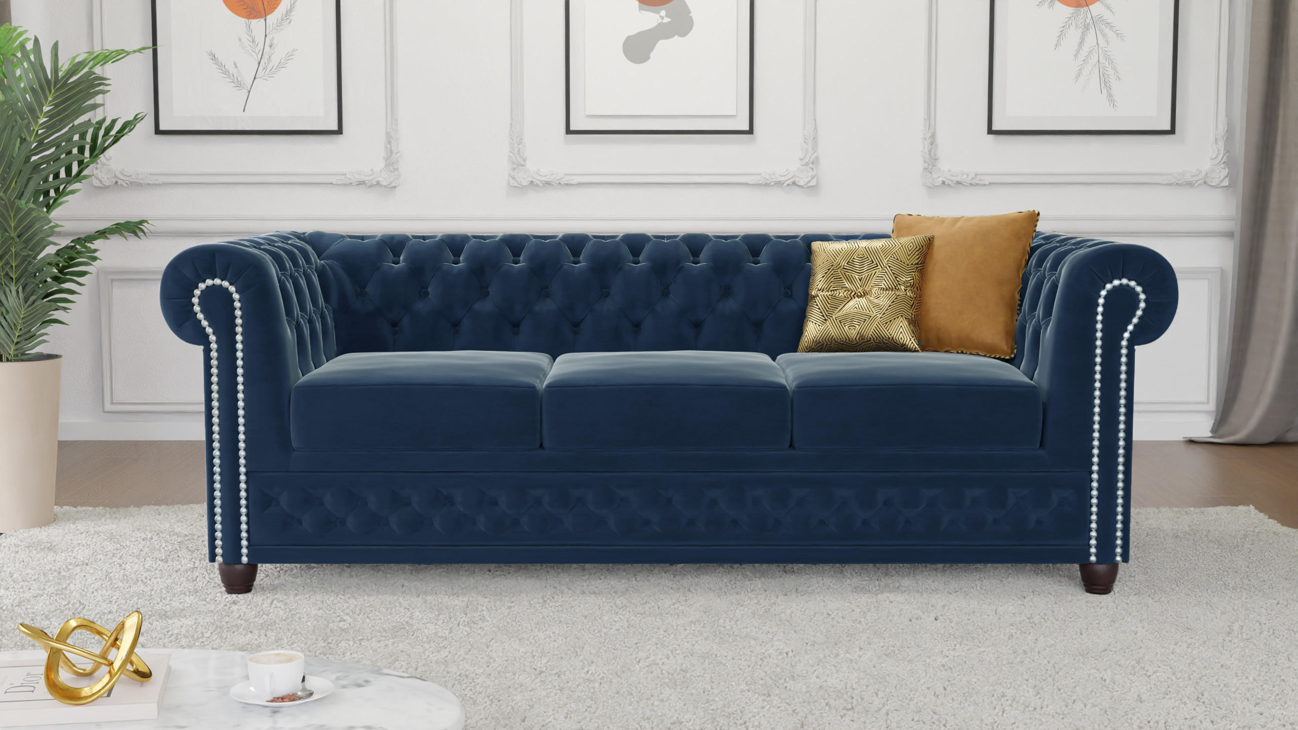 Thumbnail - S-Style Möbel Chesterfield-Sofa, Dunkelblau, Textil, Echtholz, Teilmassiv,Buche, Birke, 3-Sitzer, Füllung: Komfortschaum...
