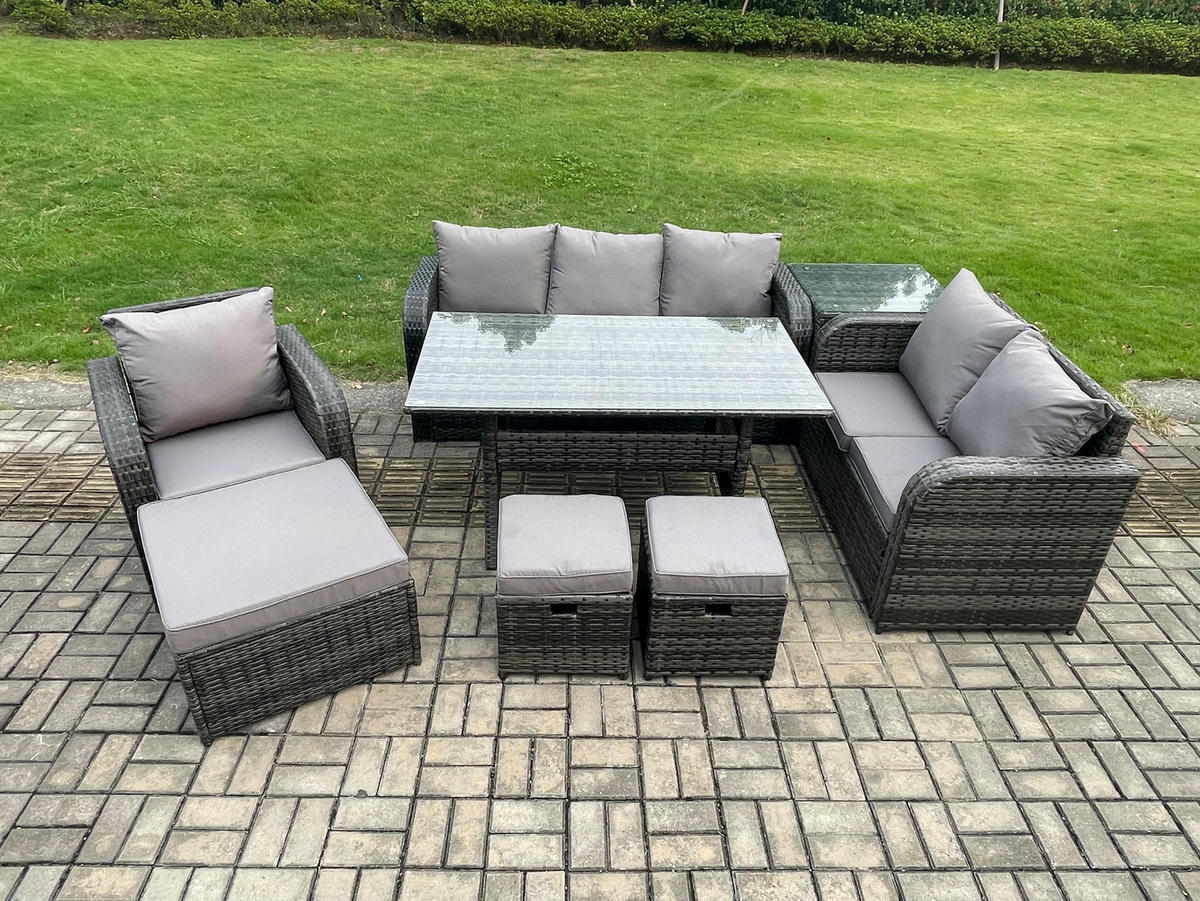 GARTENTISCHGRUPPE mit Liegestuhl,Hocker,Beistelltisch Polyrattan 9-Sitzer - Dunkelgrau/Grau, Glas/Kunststoff - Fimous