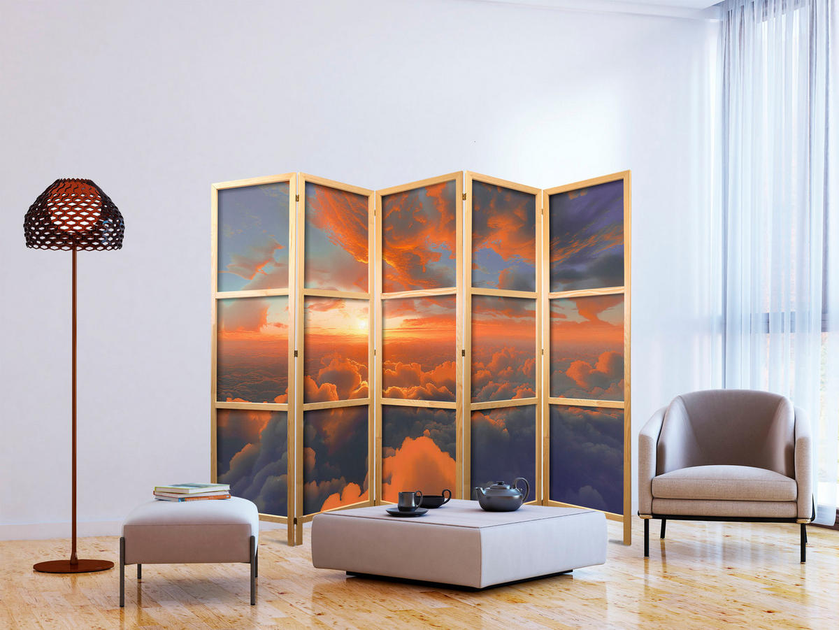 PARAVENT Japanischer 5-tlg 225x172 cm Sonnenaufgang 3D - Multicolor, Holz/Textil (225/172/3cm) - Muralo