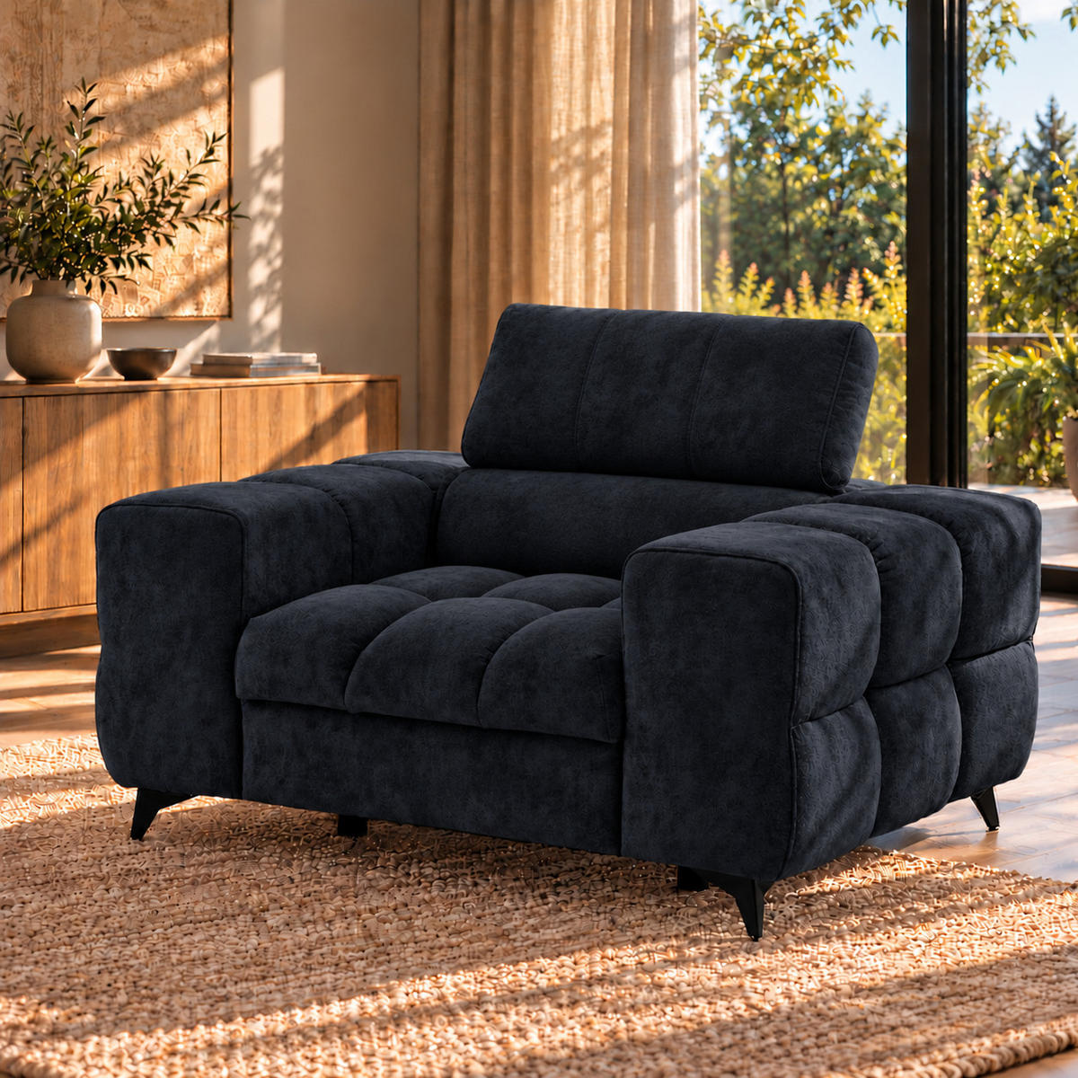 SESSEL PUDDING mit verstellbare Kopfstütze Velours Schwarz - Schwarz, Holz/Textil (140/93/100cm) - Muffo