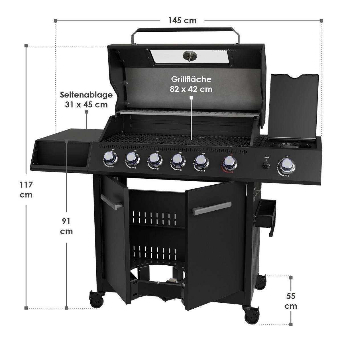 GASGRILL Tennessee Schwarz 6+1 - Schwarz, Metall (145/117/55cm) - Juskys