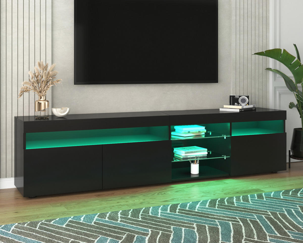 TV-LOWBOARD aus MDF 180x35x48 cm Schwarz mit LED-Beleuchtung und Hochglanz-Front - Schwarz, Holzwerkstoff (180/48/35cm) - Modfu