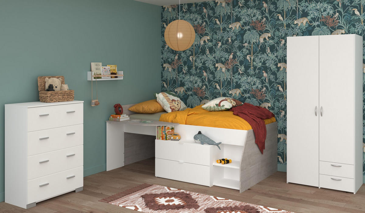 JUGENDZIMMER Milky 12 in Weiß und Grey Loft 3 teilig - Weiß, Holzwerkstoff (120/200/80cm)