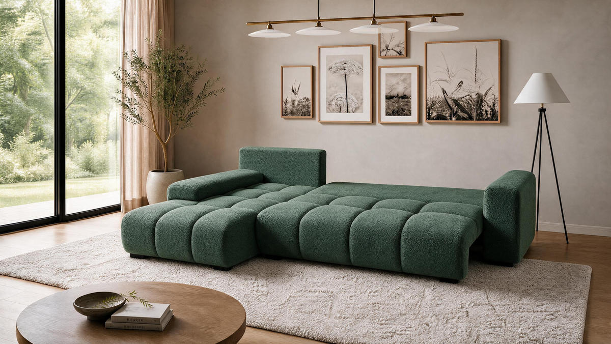 ECKSOFA Ovia mit Bettkasten und Schlaffunktion, Bouclé-Stoff in L-Form - Grün, Textil (270/185cm)