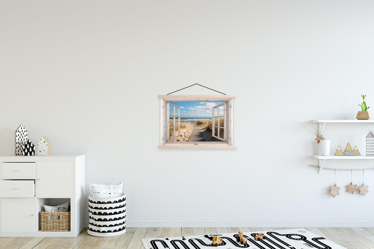 POSTER Fenster - Meer - Küste - Natur - Fensterblick - Strand - Wattenmeer 60x40 cm - Beige, Textil (60/40/0.15cm) - MuchoWow