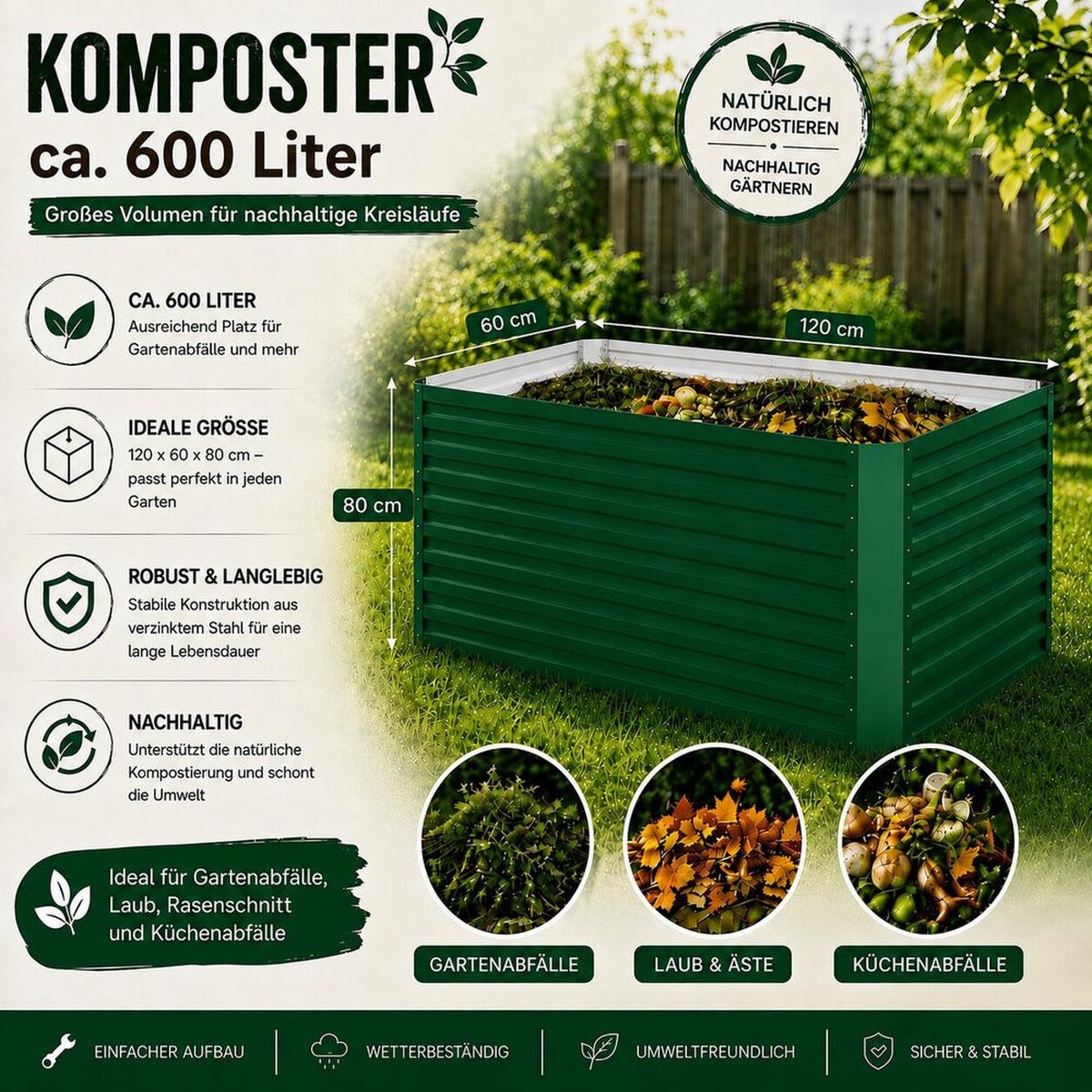 KOMPOSTER Garten, Grün, 120 x 60 cm - Grün, Metall (120/80/60cm) - Vicco
