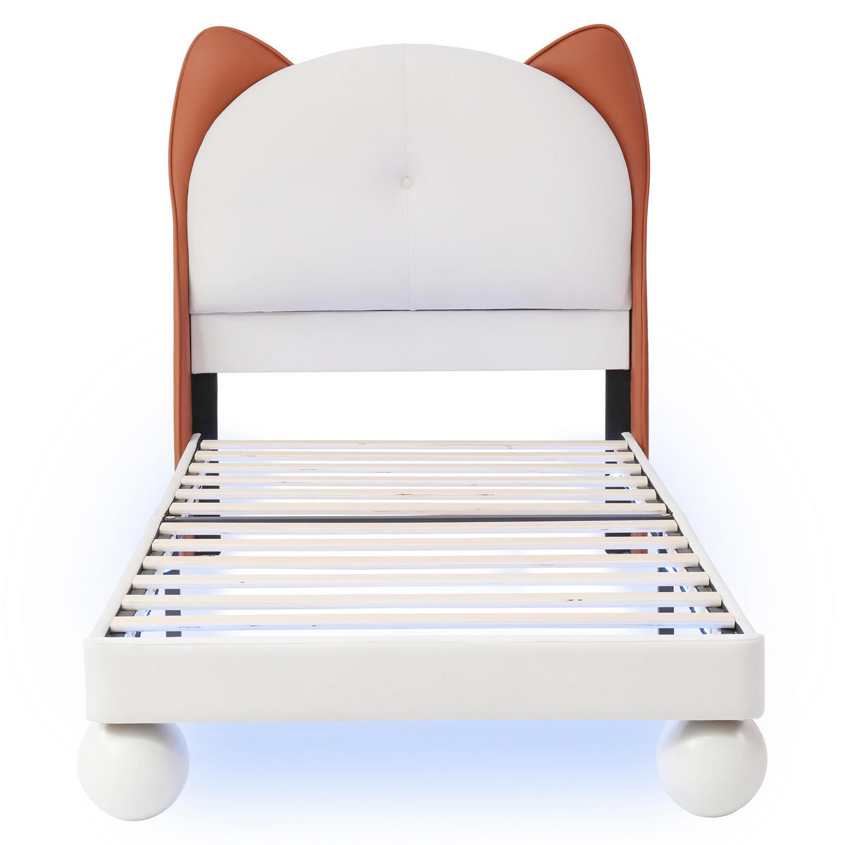 POLSTERBETT 90/200 cm Beige und Gelbbraun mit Katzenohren-Kopfteil und LED-Beleuchtung - Beige, Kunststoff (90/200cm) - OKWISH