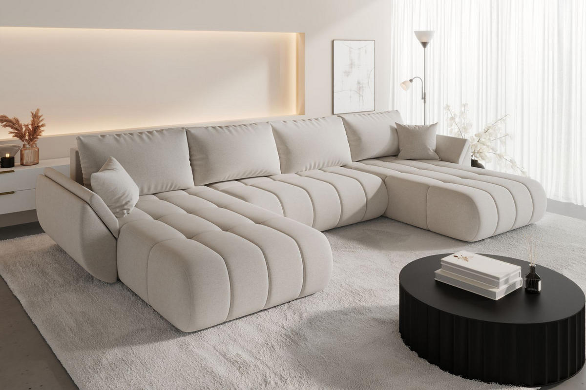 ECKSOFA mit schlaffunktion und bettkasten TOKYO U PREMIUM, stoff WIND, Beige - Beige, Holz (384/190cm) - Kaiser Möbel