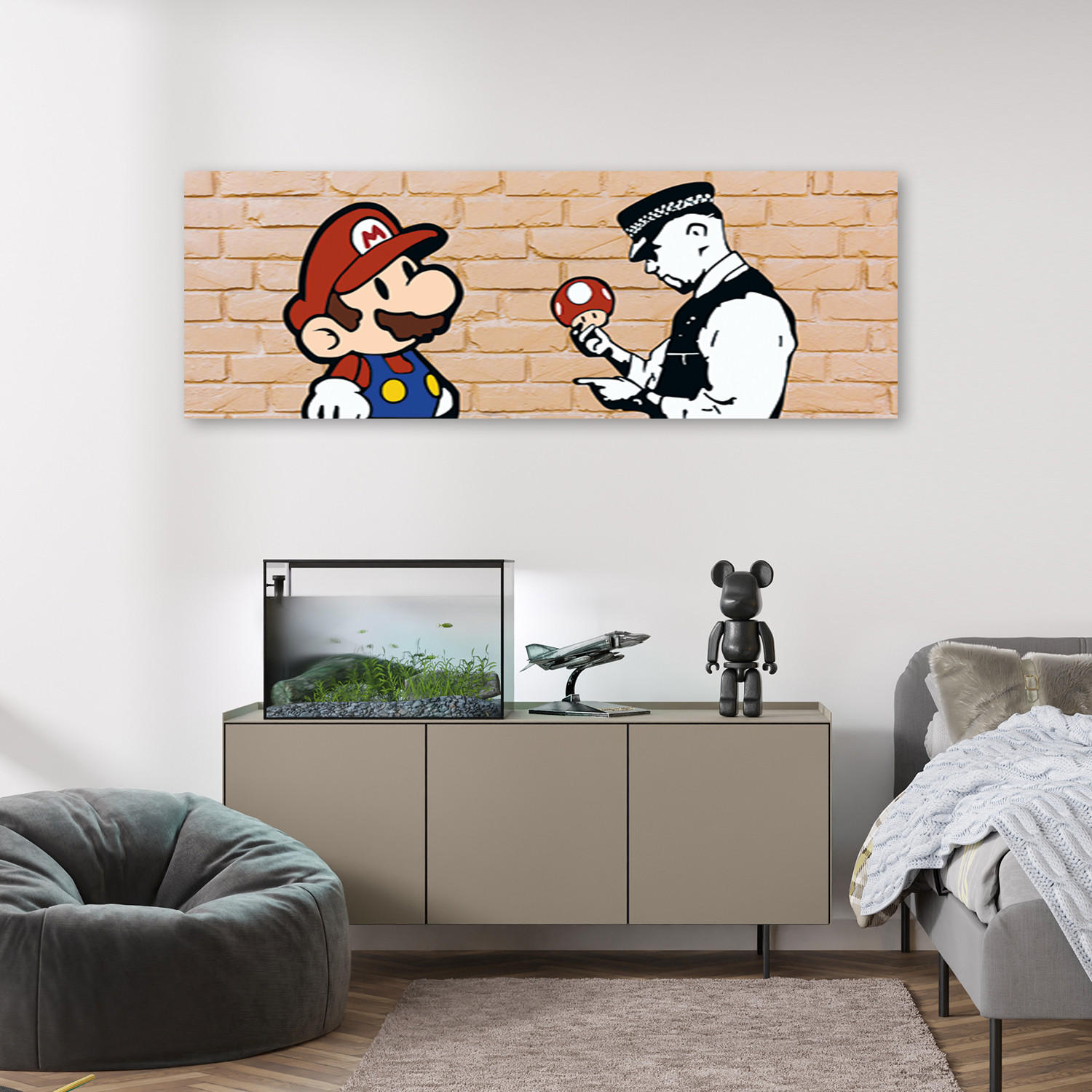 LEINWANDBILD, Banksy Mario und der Polizist 90x30cm - Beige, Textil (90/30cm) - Feeby