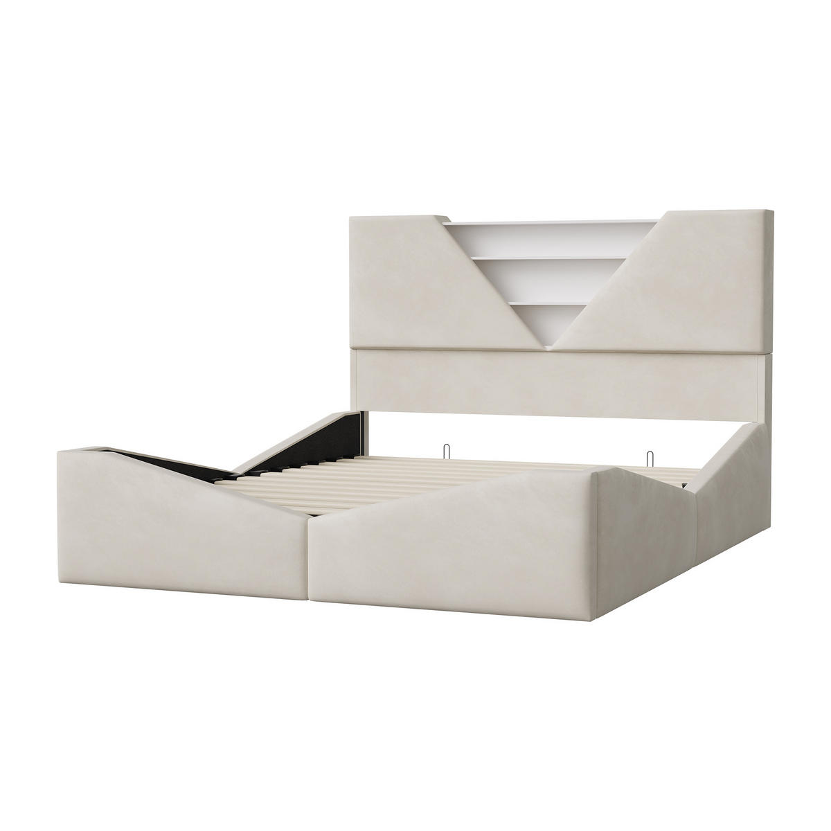 POLSTERBETT 140x200 cm LED Hydraulik Stauraum Lattenrost Samt beige - Beige, Holz (140/200cm) - LEBENLANG