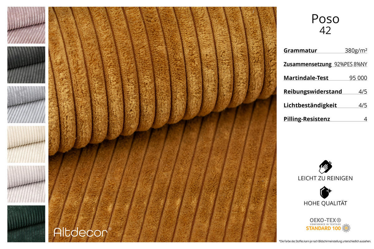 ECKSOFA Ottomane Links OLEA-L2 - 289x176x71 cm Senfgelb Cord - Gelb/Schwarz, Holzwerkstoff/Kunststoff (176/289cm) - ALTDECOR